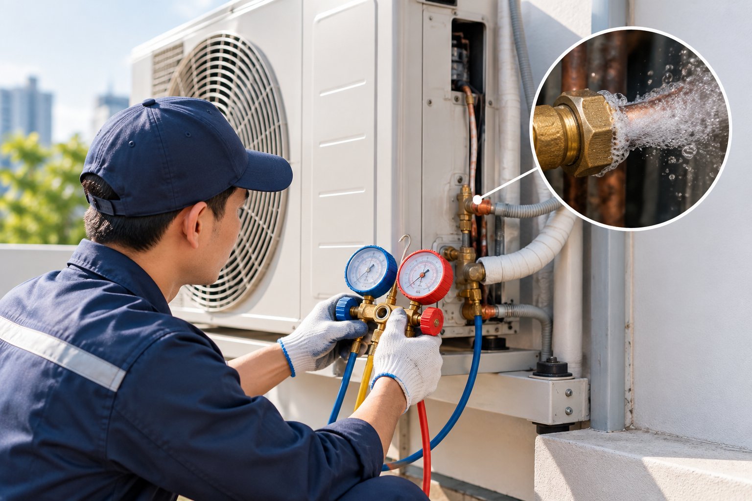 Ảnh minh hoạ: Kiểm tra rò gas điều hòa trước khi nạp đúng cách