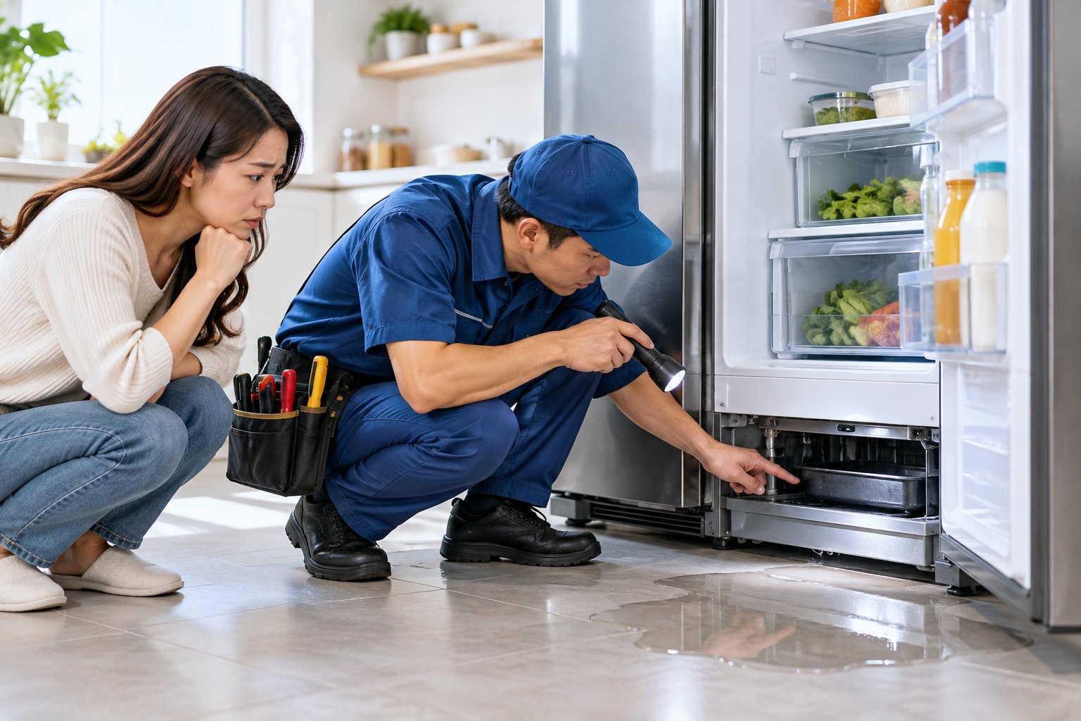 Ảnh minh hoạ: Tủ lạnh chảy nước ra sàn: Cách kiểm tra an toàn
